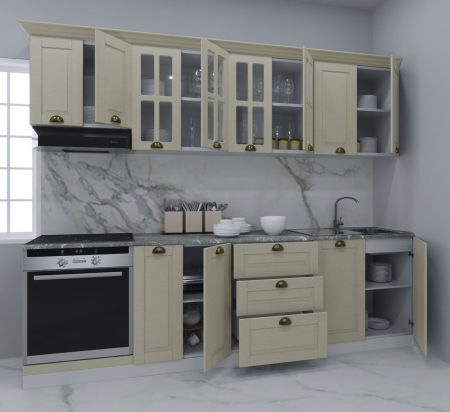 Bucatarii Clasice - Set bucatarie SQUARE 260 cm, 8 corpuri, corp cuptor, blat termorezistent, fronturi MDF, fag