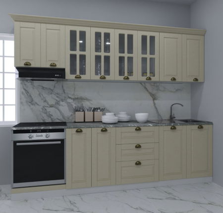 Bucatarii Clasice - Set bucatarie SQUARE 260 cm, 8 corpuri, corp cuptor, blat termorezistent, fronturi MDF, fag