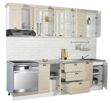 Bucatarii Clasice - Set bucatarie SQUARE 260 cm, 8 corpuri, corp cuptor, blat termorezistent, fronturi MDF, fag