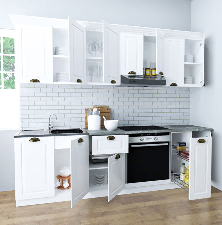 Bucatarii Clasice - Set bucatarie SQUARE 240 cm, 9 corpuri, corp Jolly, blat termorezistent, fronturi MDF, alb rustic