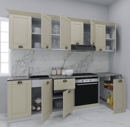 Produs în România - Set bucatarie SQUARE 240 cm, 9 corpuri, corp Jolly, blat termorezistent, fronturi MDF, fag