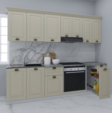Produs în România - Set bucatarie SQUARE 240 cm, 9 corpuri, corp Jolly, blat termorezistent, fronturi MDF, fag