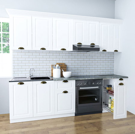Bucatarii Clasice - Set bucatarie SQUARE 240 cm, 8 corpuri, corp Jolly, blat termorezistent, fronturi MDF, alb rustic