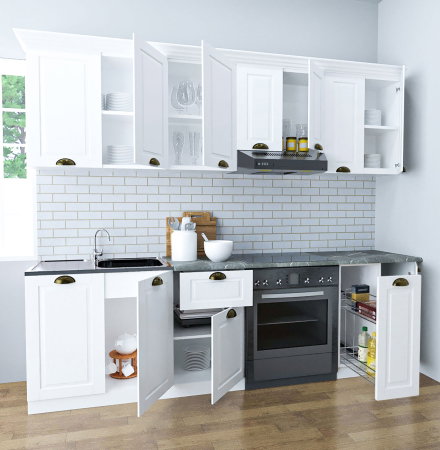 Bucatarii Clasice - Set bucatarie SQUARE 240 cm, 8 corpuri, corp Jolly, blat termorezistent, fronturi MDF, alb rustic