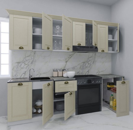 Produs în România - Set bucatarie SQUARE 240 cm, 8 corpuri, corp Jolly, blat termorezistent, fronturi MDF, fag
