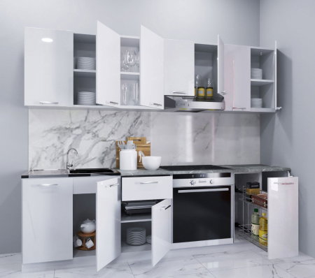 Bucatarii Albe - Set bucatarie IRIS 240 cm, 9 corpuri, corp cuptor si corp Jolly, blat termorezistent, fronturi MDF vopsit ultralucios, alb
