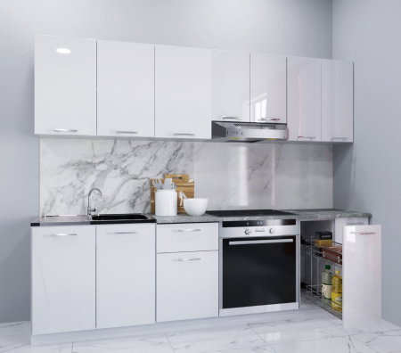 Bucatarii Albe - Set bucatarie IRIS 240 cm, 9 corpuri, corp cuptor si corp Jolly, blat termorezistent, fronturi MDF vopsit ultralucios, alb