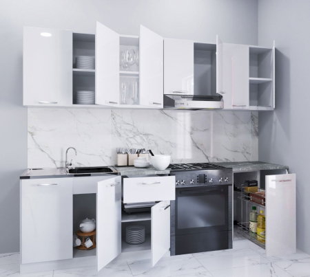 Bucatarii Moderne - Set bucatarie IRIS 240 cm, 8 corpuri, corp Jolly, blat termorezistent, fronturi MDF vopsit ultralucios, alb