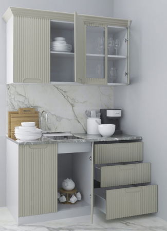 Produs în România - Set bucatarie SPACE 140 cm, 4 corpuri, cu sertare, blat termorezistent, fronturi MDF, crem