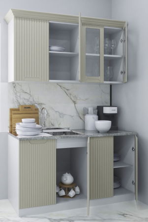 Produs în România - Set bucatarie SPACE 140 cm, 4 corpuri, blat termorezistent, fronturi MDF, crem