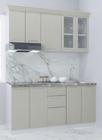 Bucatarii Moderne - Set bucatarie SPACE 160 cm, 6 corpuri, cu serare, blat termorezistent, fronturi MDF, crem