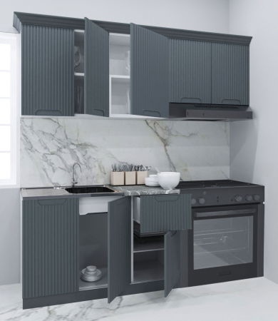 Produs în România - Set bucatarie SPACE 180 cm, 5 corpuri, blat termorezistent, fronturi MDF, antracit