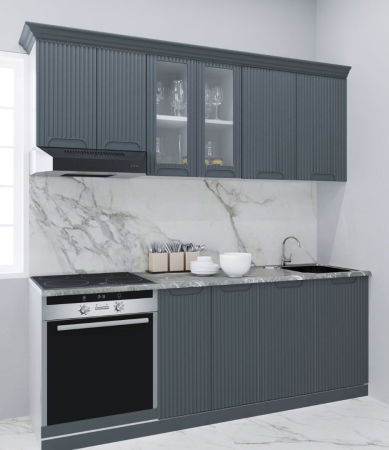 Produs în România - Set bucatarie SPACE 200 cm, 6 corpuri, corp cuptor, blat termorezistent, fronturi MDF, antracit