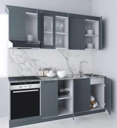 Produs în România - Set bucatarie SPACE 200 cm, 6 corpuri, corp cuptor, blat termorezistent, fronturi MDF, antracit