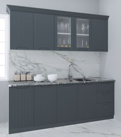 Produs în România - Set bucatarie SPACE 200 cm, 6 corpuri, cu sertare, blat termorezistent, fronturi MDF, antracit