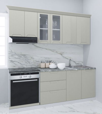 Bucatarii Moderne - Set bucatarie SPACE 200 cm, 6 corpuri, corp cuptor, cu sertare, blat termorezistent, fronturi MDF, crem