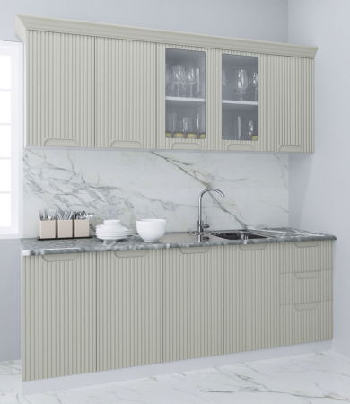 Produs în România - Set bucatarie SPACE 200 cm, 6 corpuri, cu sertare, blat termorezistent, fronturi MDF, crem