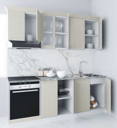 Produs în România - Set bucatarie SPACE 200 cm, 6 corpuri, corp cuptor, blat termorezistent, fronturi MDF, crem