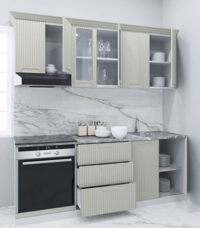 Bucatarii Moderne - Set bucatarie SPACE 200 cm, 6 corpuri, corp cuptor, cu sertare, blat termorezistent, fronturi MDF, crem