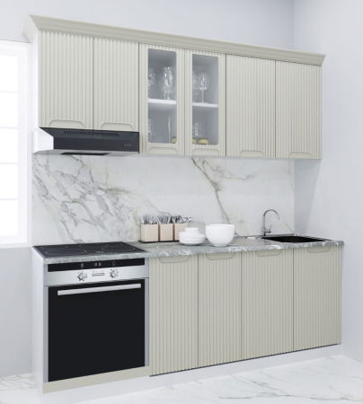 Produs în România - Set bucatarie SPACE 200 cm, 6 corpuri, corp cuptor, blat termorezistent, fronturi MDF, crem