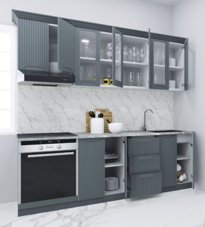 Bucatarii Moderne - Set bucatarie SPACE 220 cm, 8 corpuri, corp cuptor, cu sertare, blat termorezistent, fronturi MDF, antracit