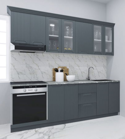 Bucatarii Moderne - Set bucatarie SPACE 220 cm, 8 corpuri, corp cuptor, cu sertare, blat termorezistent, fronturi MDF, antracit