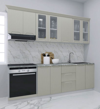 Bucatarii Moderne - Set bucatarie SPACE 220 cm, 8 corpuri, corp cuptor, cu sertare, blat termorezistent, fronturi MDF, crem