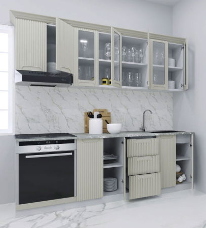 Bucatarii Moderne - Set bucatarie SPACE 220 cm, 8 corpuri, corp cuptor, cu sertare, blat termorezistent, fronturi MDF, crem
