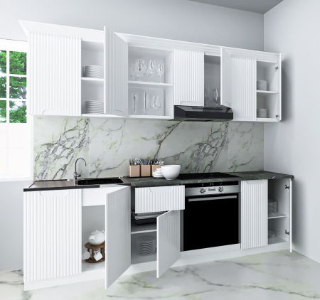 Bucatarii Moderne - Set bucatarie SPACE 240 cm, 6 corpuri, corp cuptor, blat termorezistent, fronturi MDF, alb rustic