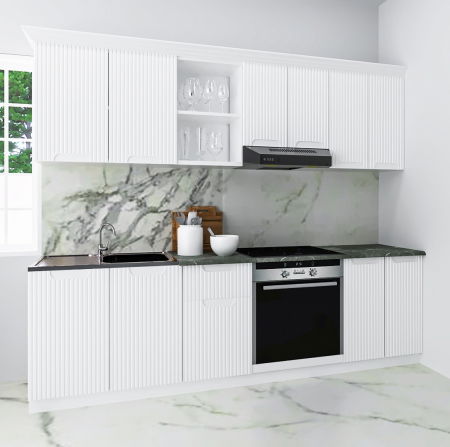 Bucatarii Moderne - Set bucatarie SPACE 240 cm, 6 corpuri, corp cuptor, blat termorezistent, fronturi MDF, alb rustic