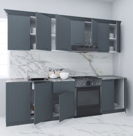 Produs în România - Set bucatarie SPACE 240 cm, 7 corpuri, blat termorezistent, fronturi MDF, antracit