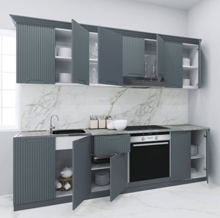 Bucatarii Moderne - Set bucatarie SPACE 240 cm, 8 corpuri, corp cuptor, blat termorezistent, fronturi MDF, antracit