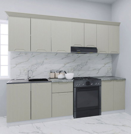 Produs în România - Set bucatarie SPACE 240 cm, 7 corpuri, 1 sertar, blat termorezistent, fronturi MDF, crem