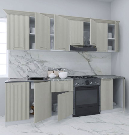 Produs în România - Set bucatarie SPACE 240 cm, 7 corpuri, 1 sertar, blat termorezistent, fronturi MDF, crem