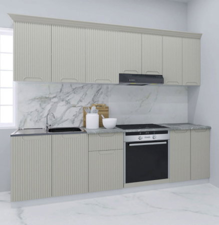 Produs în România - Set bucatarie SPACE 240 cm, 8 corpuri, corp cuptor, blat termorezistent, fronturi MDF, crem
