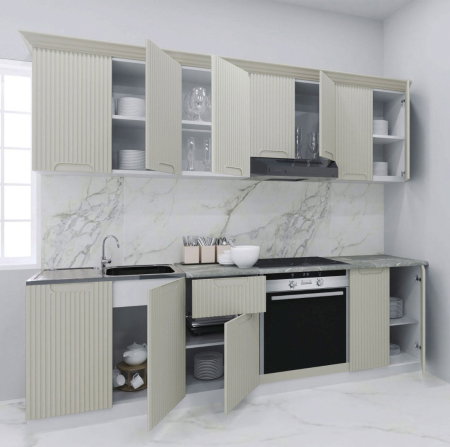 Produs în România - Set bucatarie SPACE 240 cm, 8 corpuri, corp cuptor, blat termorezistent, fronturi MDF, crem
