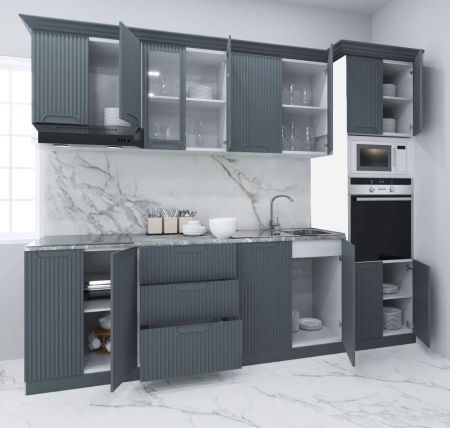 Bucatarii Moderne - Set bucatarie SPACE 260 cm, 7 corpuri, corp cuptor + microunde, blat termorezistent, fronturi MDF, antracit