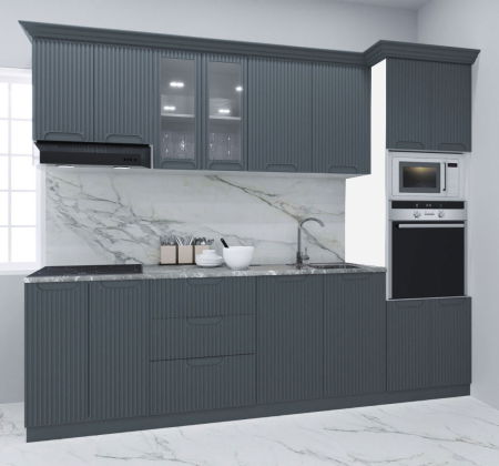 Bucatarii Moderne - Set bucatarie SPACE 260 cm, 7 corpuri, corp cuptor + microunde, blat termorezistent, fronturi MDF, antracit