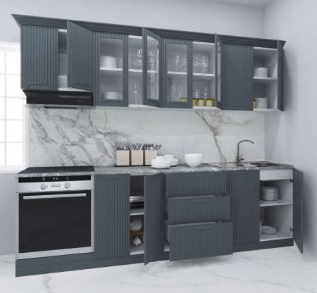 Bucatarii Moderne - Set bucatarie SPACE 260 cm, 8 corpuri, corp cuptor, cu sertare, blat termorezistent, fronturi MDF, antracit