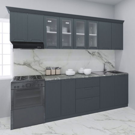 Bucatarii Moderne - Set bucatarie SPACE 260 cm, 7 corpuri, cu sertare, blat termorezistent, fronturi MDF, antracit