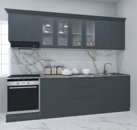 Bucatarii Moderne - Set bucatarie SPACE 260 cm, 8 corpuri, corp cuptor, cu sertare, blat termorezistent, fronturi MDF, antracit