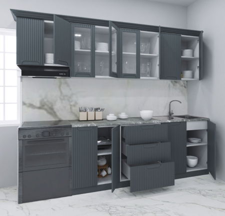 Bucatarii Moderne - Set bucatarie SPACE 260 cm, 7 corpuri, cu sertare, blat termorezistent, fronturi MDF, antracit