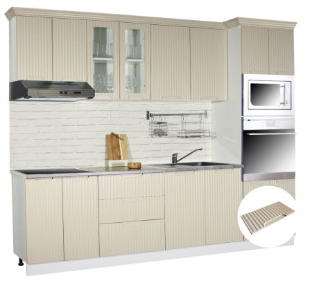 Bucatarii Moderne - Set bucatarie SPACE 260 cm, 7 corpuri, corp cuptor + microunde, blat termorezistent, fronturi MDF, crem