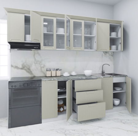 Bucatarii Moderne - Set bucatarie SPACE 260 cm, 7 corpuri, cu sertare, blat termorezistent, fronturi MDF, crem