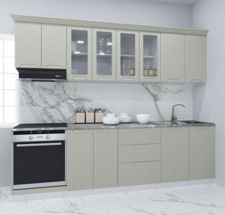 Bucatarii Moderne - Set bucatarie SPACE 260 cm, 8 corpuri, corp cuptor, cu sertare, blat termorezistent, fronturi MDF, crem