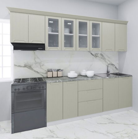 Bucatarii Moderne - Set bucatarie SPACE 260 cm, 7 corpuri, cu sertare, blat termorezistent, fronturi MDF, crem