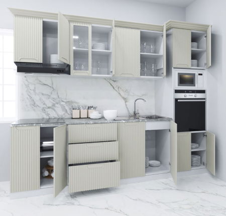 Bucatarii Moderne - Set bucatarie SPACE 260 cm, 7 corpuri, corp cuptor + microunde, blat termorezistent, fronturi MDF, crem