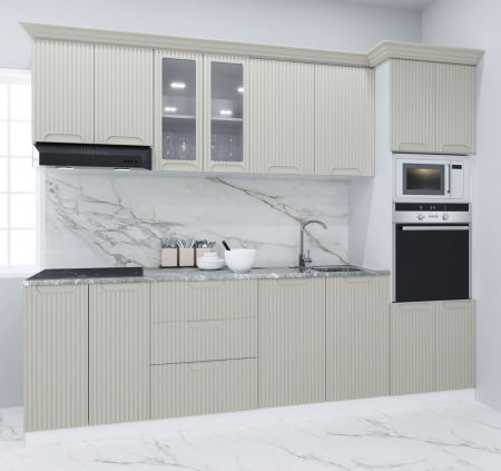 Bucatarii Moderne - Set bucatarie SPACE 260 cm, 7 corpuri, corp cuptor + microunde, blat termorezistent, fronturi MDF, crem