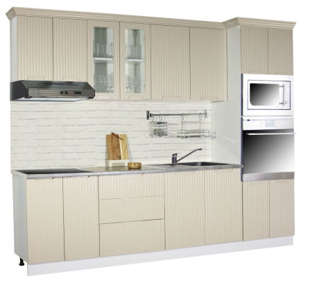 Bucatarii Moderne - Set bucatarie SPACE 260 cm, 7 corpuri, corp cuptor + microunde, blat termorezistent, fronturi MDF, crem