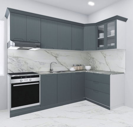 Produs în România - Set bucatarie SPACE COLT 240x140 cm, 9 corpuri, blat termorezistent, fronturi MDF, antracit